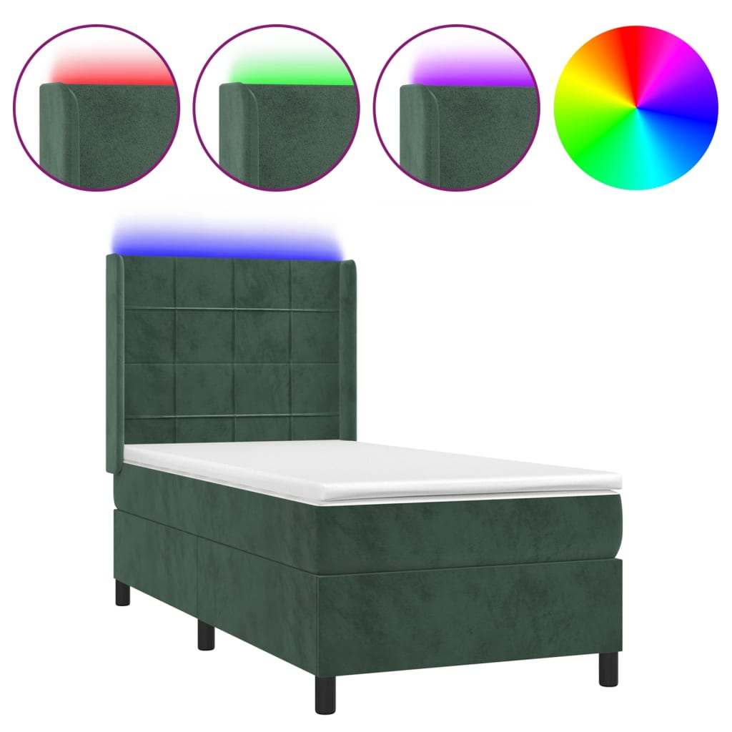 vidaXL Pat cu arcuri, saltea și LED, verde închis, 90x190 cm, catifea vidaXL Pat cu arcuri, saltea și LED, verde închis, 90x190 cm, catifea