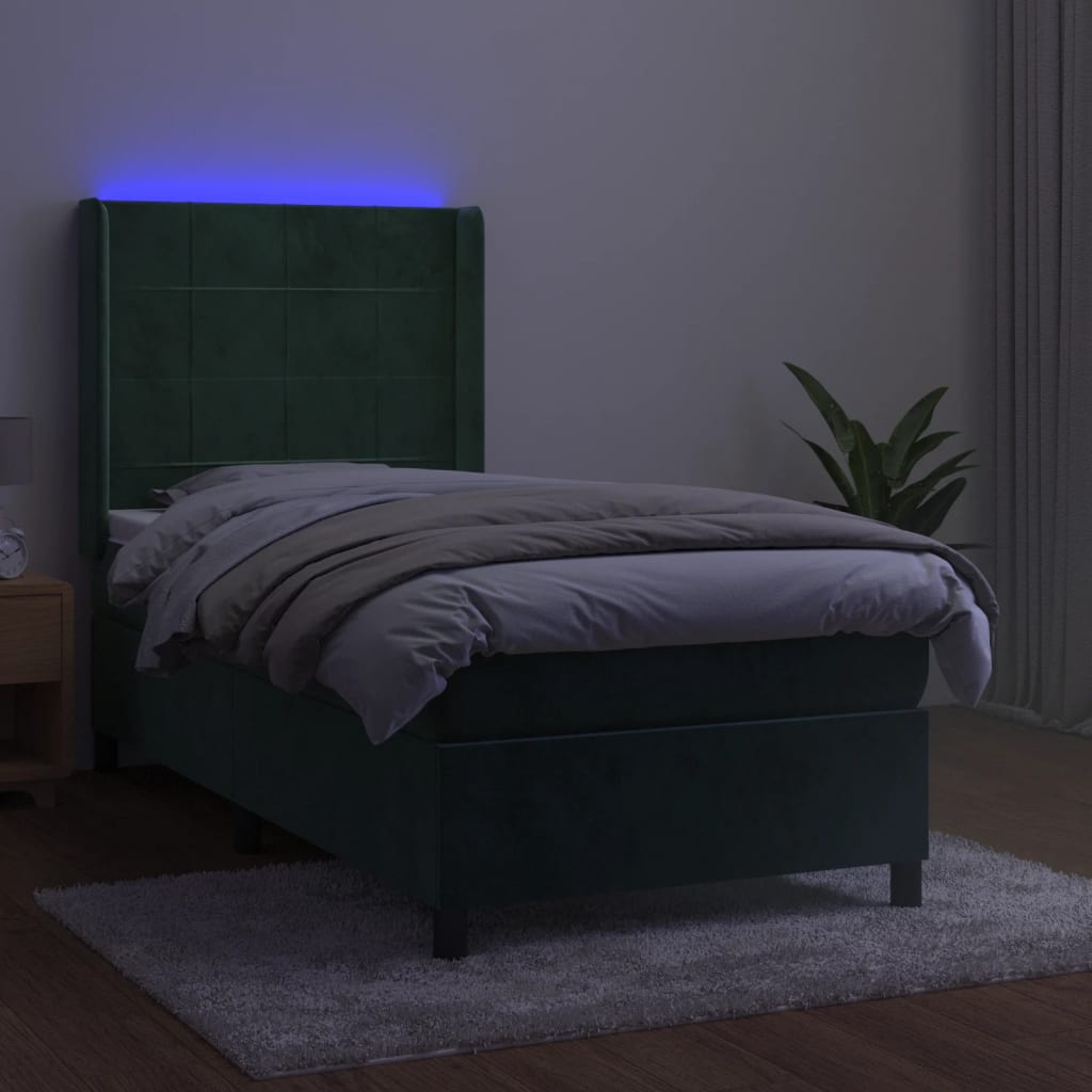 vidaXL Pat cu arcuri, saltea și LED, verde închis, 90x190 cm, catifea vidaXL Pat cu arcuri, saltea și LED, verde închis, 90x190 cm, catifea