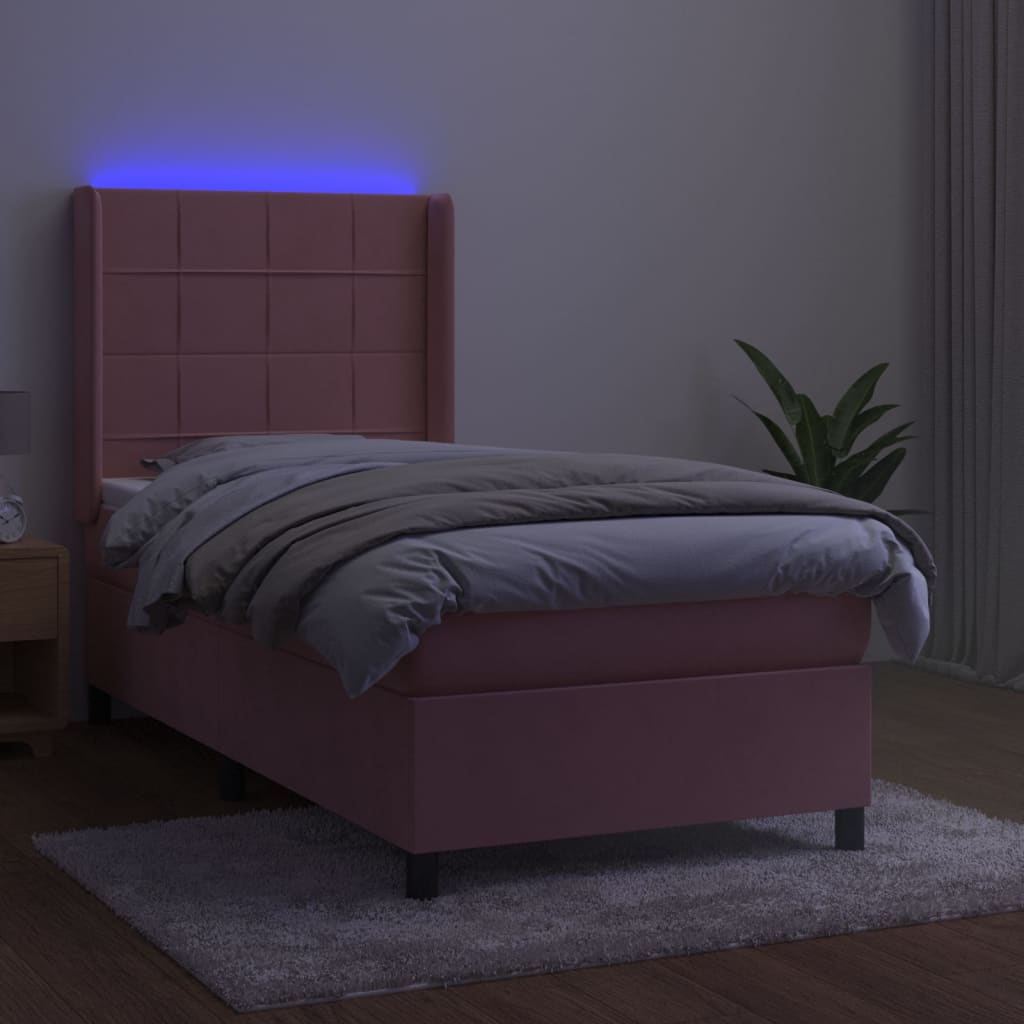 vidaXL Pat cu arcuri, saltea și LED, roz, 90x190 cm, catifea