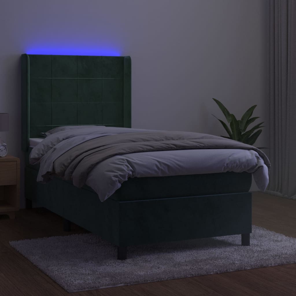 vidaXL Pat cu arcuri, saltea și LED, verde, 90x200 cm, catifea