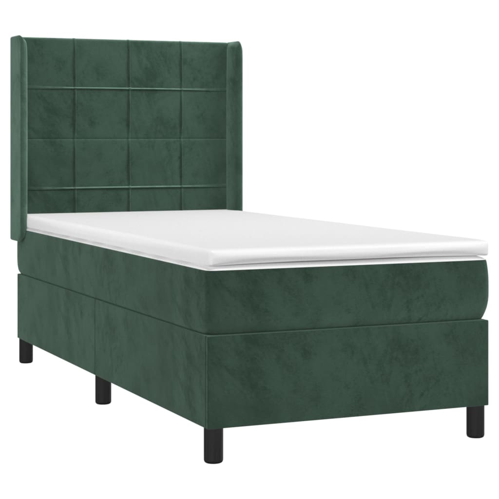 vidaXL Pat cu arcuri, saltea și LED, verde, 90x200 cm, catifea