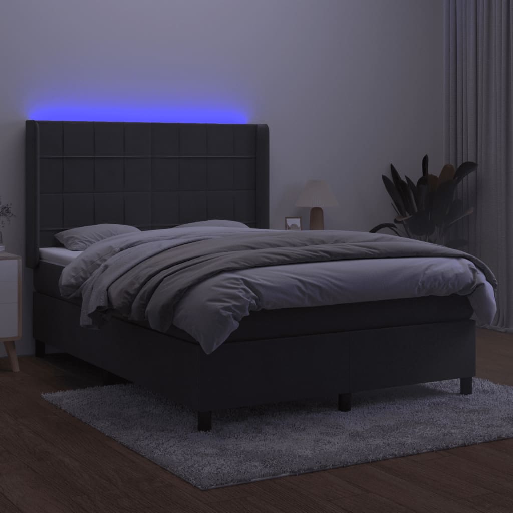 vidaXL Pat cu arcuri, saltea și LED, gri închis, 140x190 cm, catifea