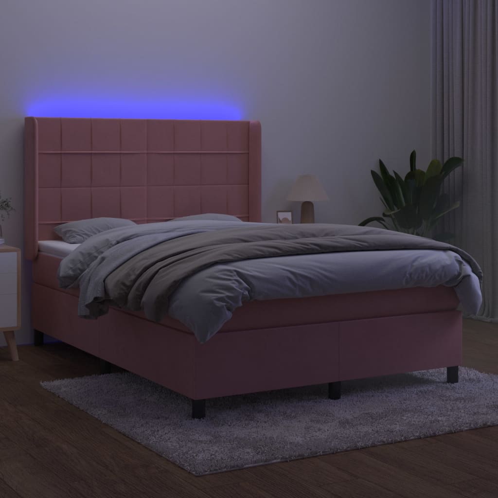 vidaXL Pat cu arcuri, cu saltea și LED, roz, 140x190 cm catifea