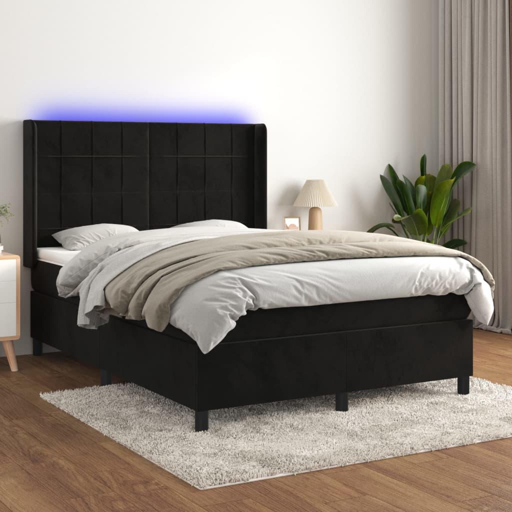 vidaXL Pat cu arcuri, saltea și LED, negru, 140x200 cm, catifea vidaXL Pat cu arcuri, saltea și LED, negru, 140x200 cm, catifea