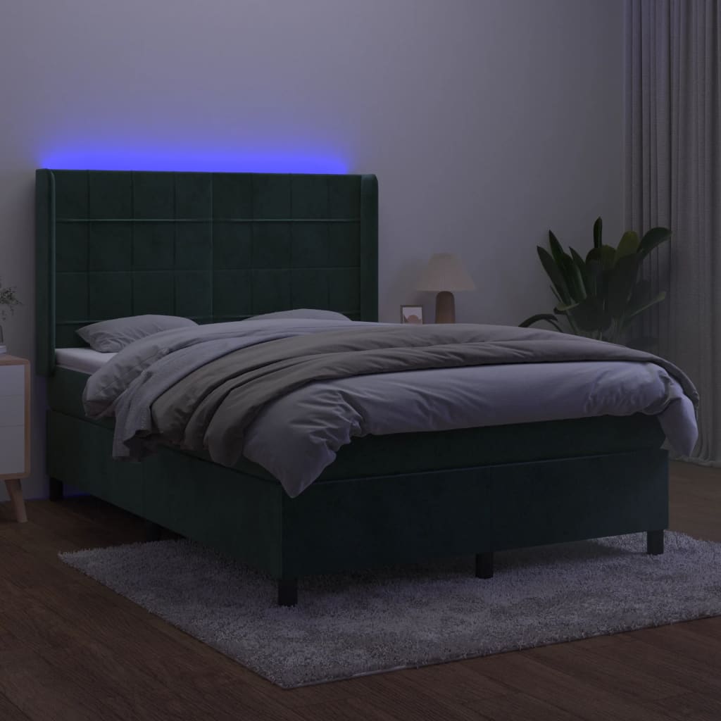vidaXL Pat cu arcuri, saltea și LED, verde închis, 140x200 cm, catifea