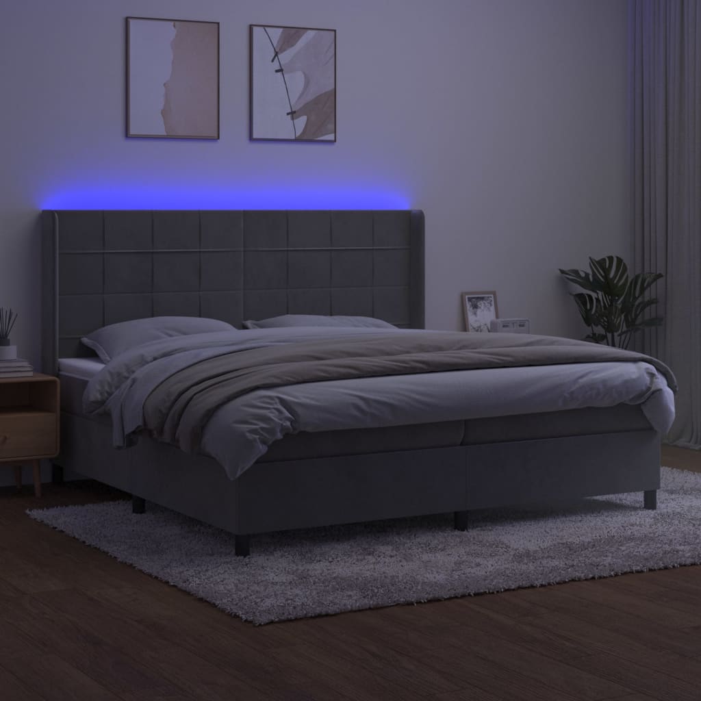 vidaXL Pat cu arcuri, saltea și LED, gri deschis, 200x200 cm, catifea