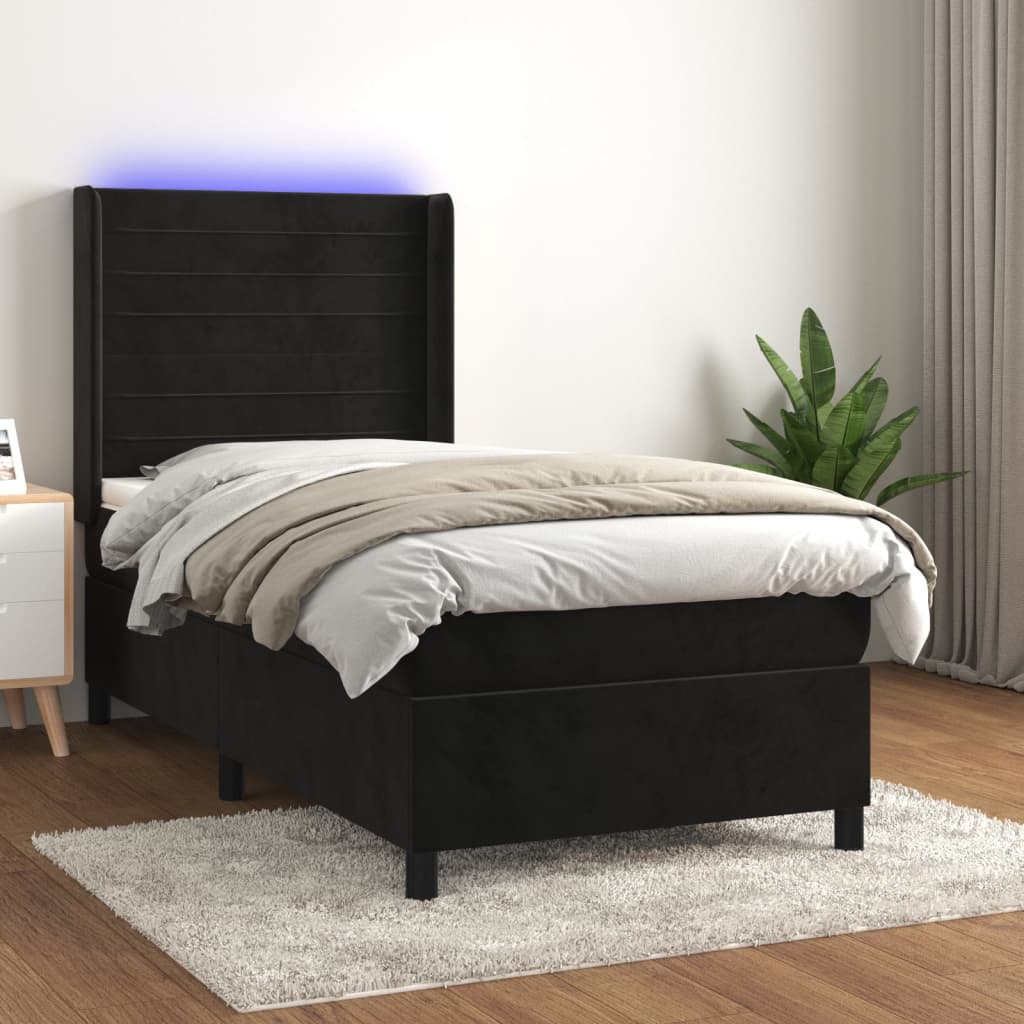 vidaXL Pat cu arcuri, saltea și LED, negru, 90x200 cm, catifea vidaXL Pat cu arcuri, saltea și LED, negru, 90x200 cm, catifea