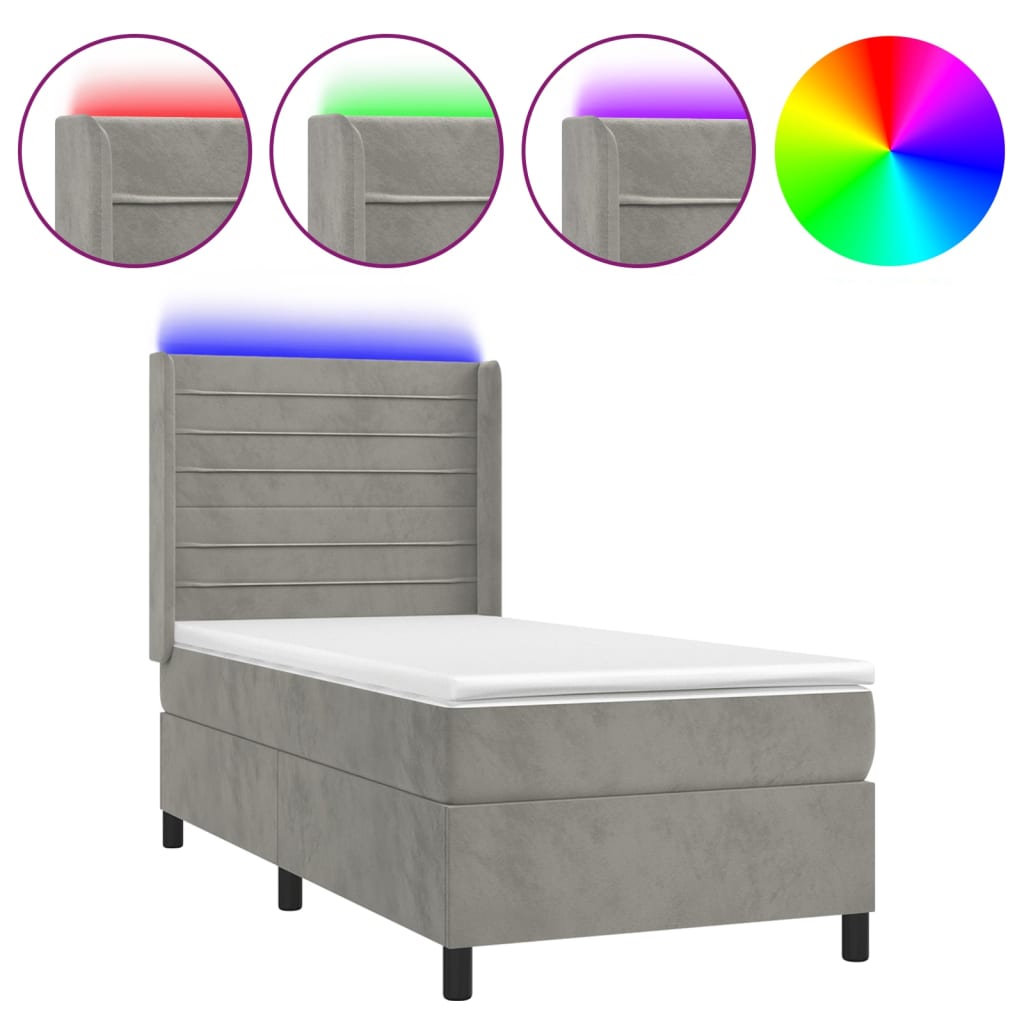 vidaXL Pat cu arcuri, saltea și LED, gri deschis, 100x200 cm, catifea vidaXL Pat cu arcuri, saltea și LED, gri deschis, 100x200 cm, catifea