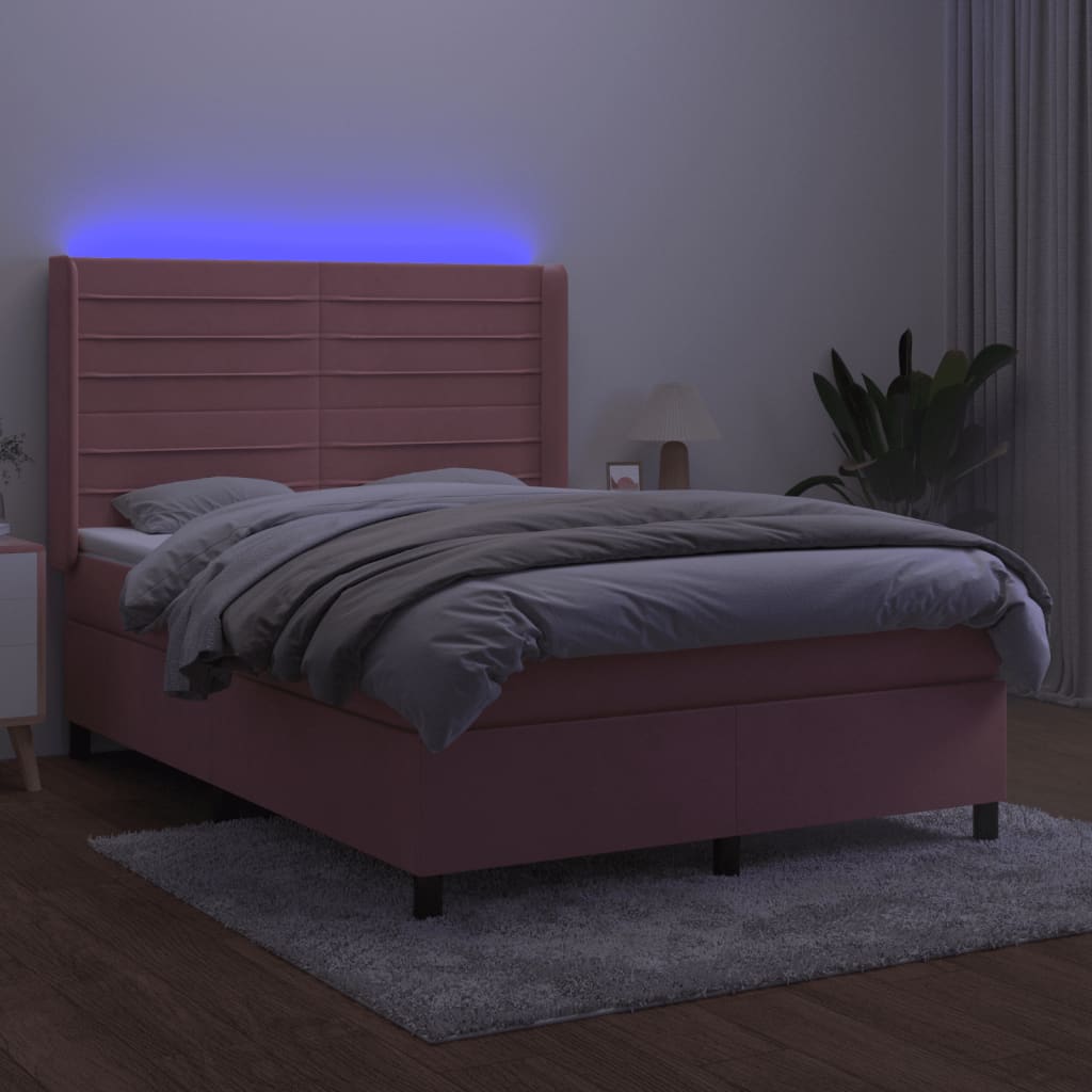 vidaXL Pat cu arcuri, cu saltea și LED, roz, 140x190 cm catifea