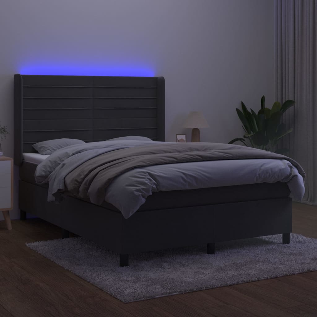 vidaXL Pat cu arcuri, saltea și LED, gri închis, 140x200 cm, catifea