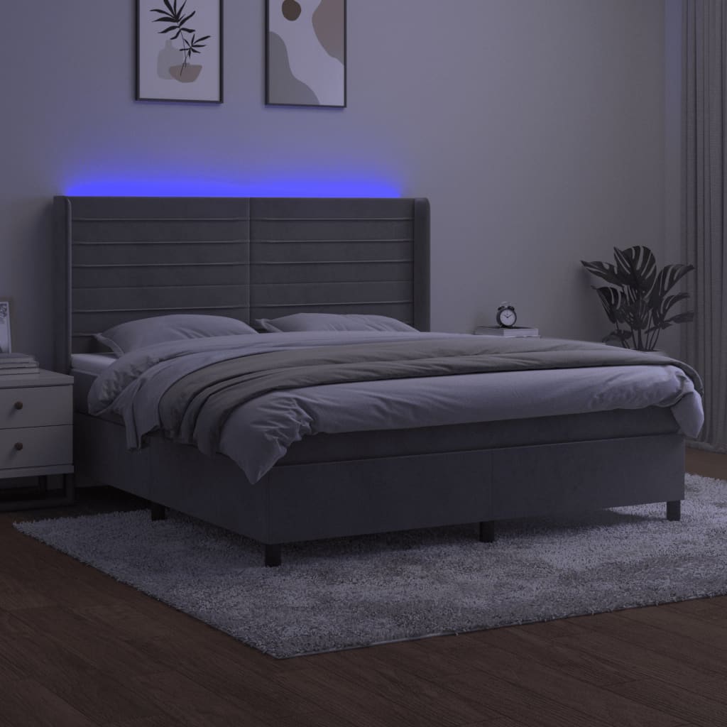 vidaXL Pat cu arcuri, saltea și LED, gri deschis, 160x200 cm, catifea