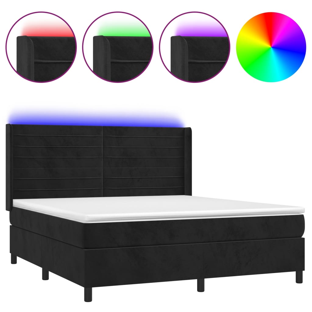 vidaXL Pat cu arcuri, saltea și LED, negru, 160x200 cm, catifea vidaXL Pat cu arcuri, saltea și LED, negru, 160x200 cm, catifea