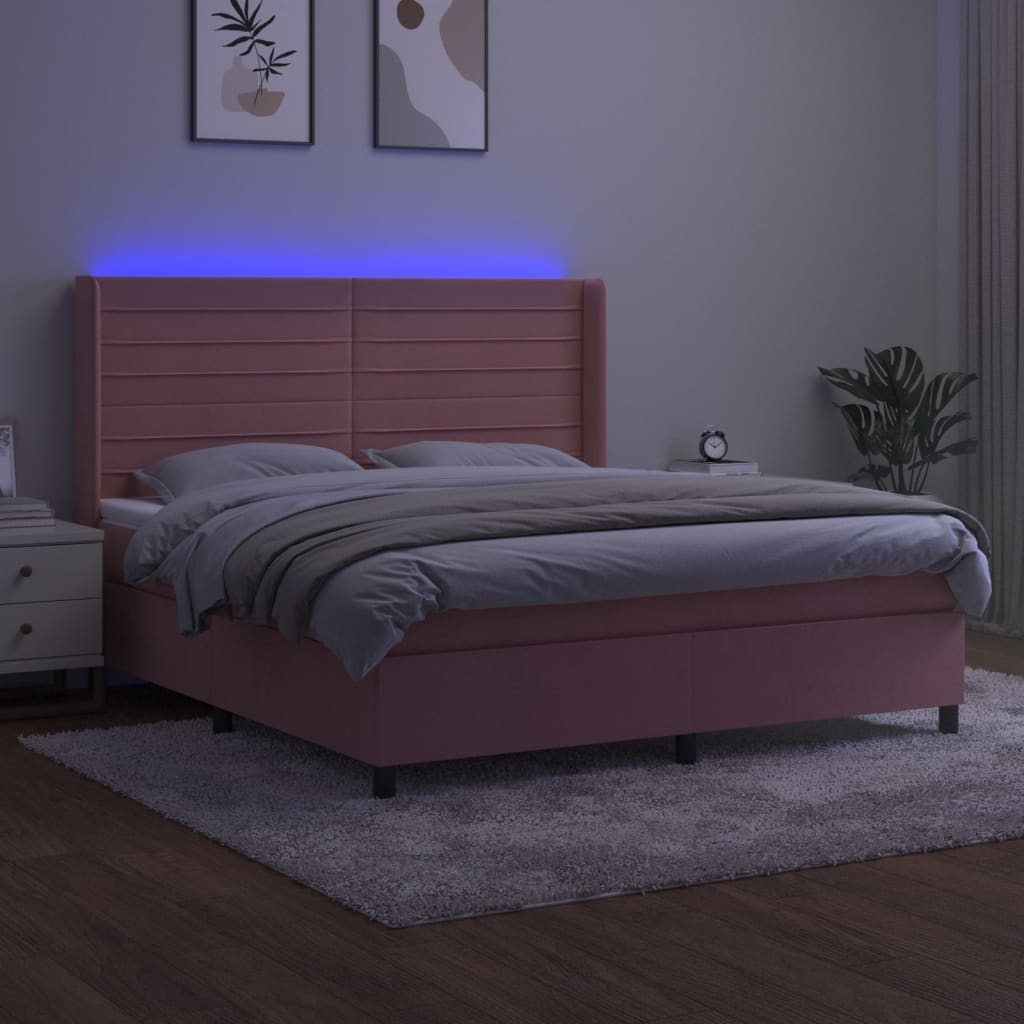 vidaXL Pat cu arcuri, saltea & LED, roz, 180x200 cm, catifea