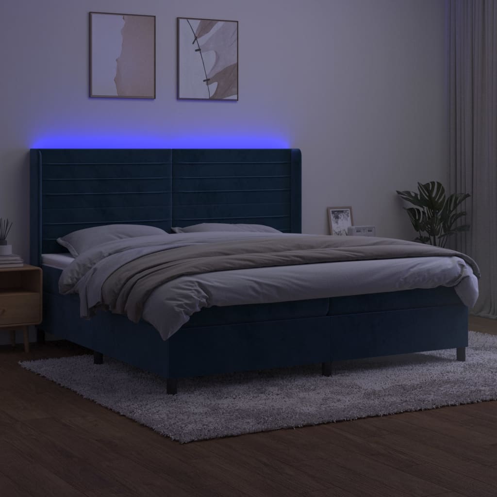 vidaXL Pat cu arcuri, saltea și LED, bleumarin, 200x200 cm, catifea