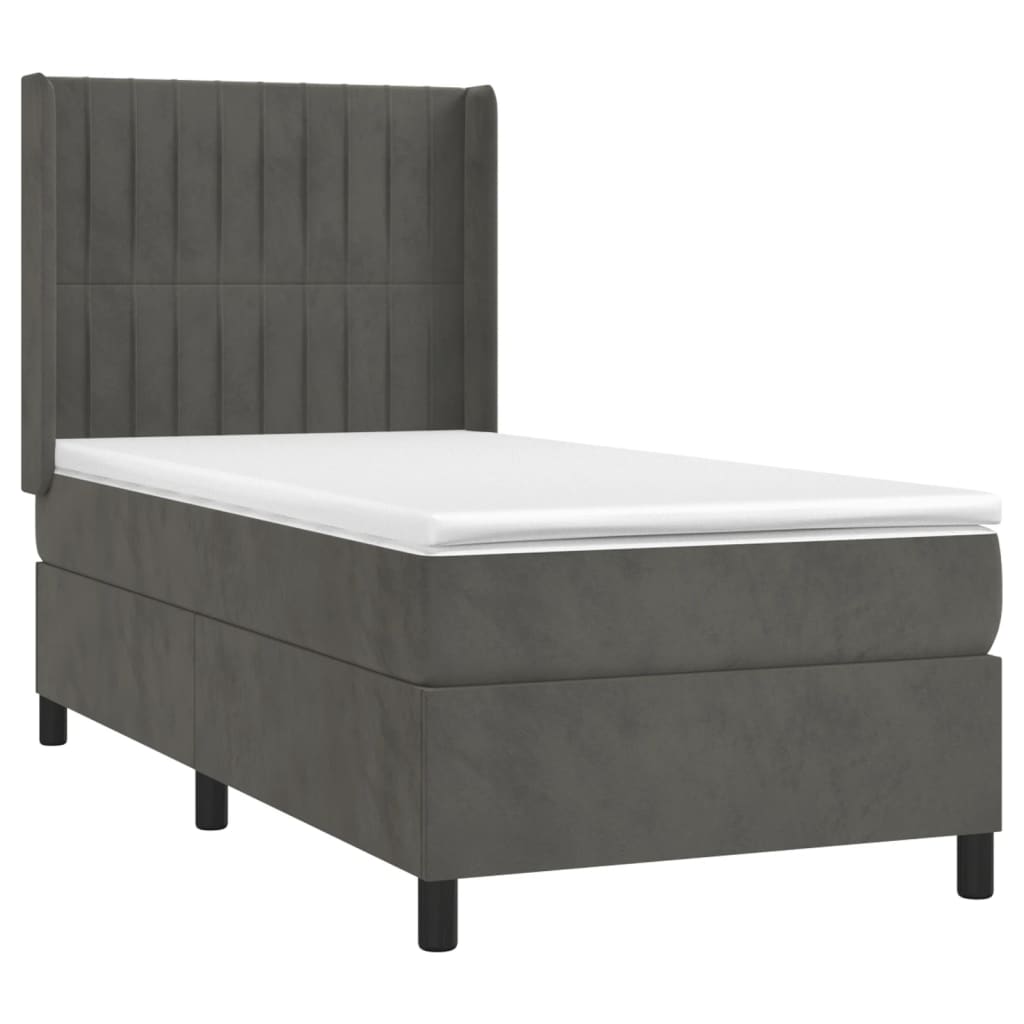 vidaXL Pat cu arcuri, saltea și LED, gri închis, 90x200 cm, catifea