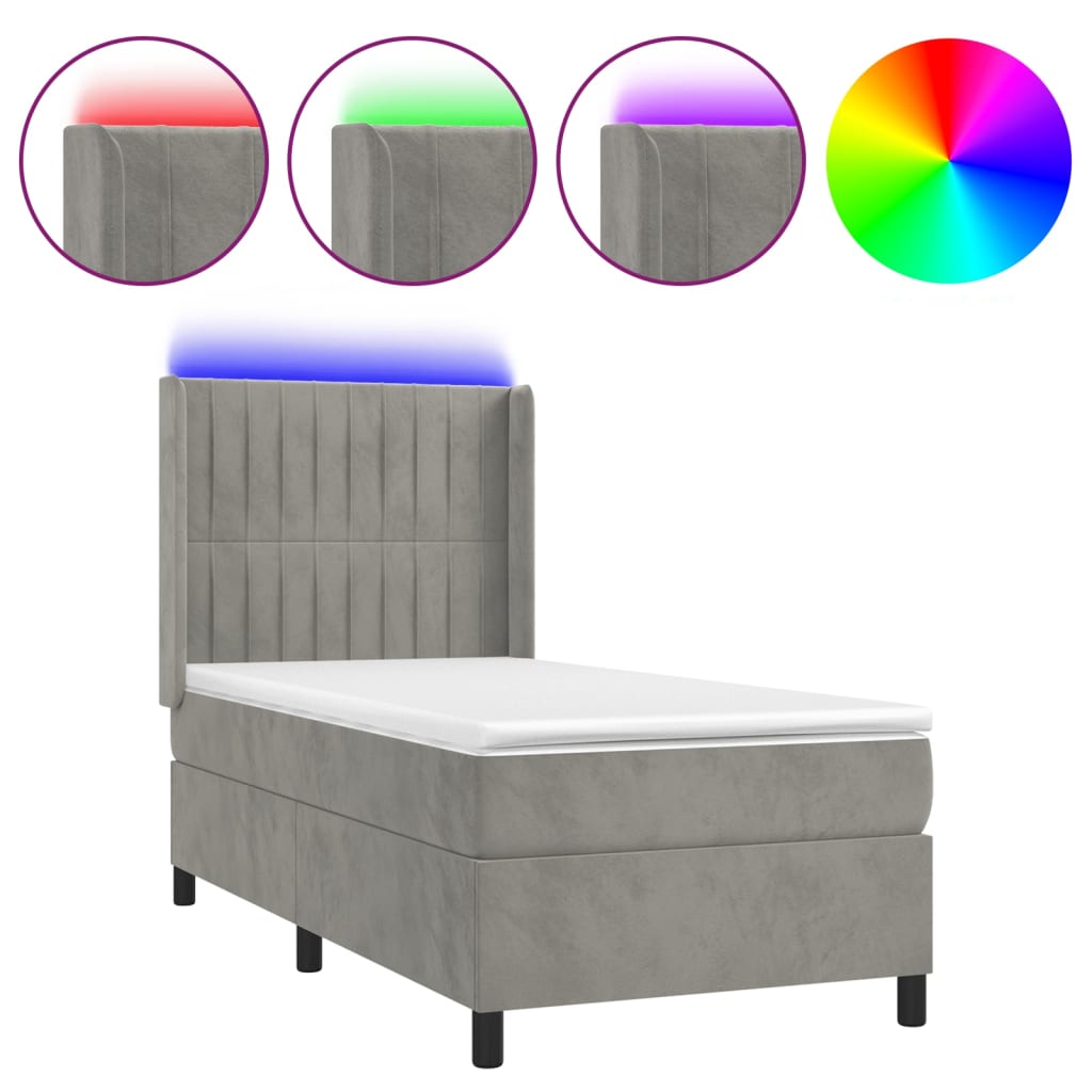 vidaXL Pat cu arcuri, saltea și LED, gri deschis, 100x200 cm, catifea vidaXL Pat cu arcuri, saltea și LED, gri deschis, 100x200 cm, catifea