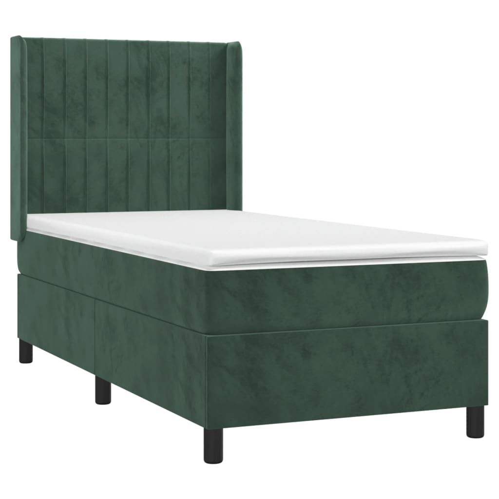 vidaXL Pat cu arcuri, saltea și LED, verde închis, 100x200 cm, catifea vidaXL Pat cu arcuri, saltea și LED, verde închis, 100x200 cm, catifea