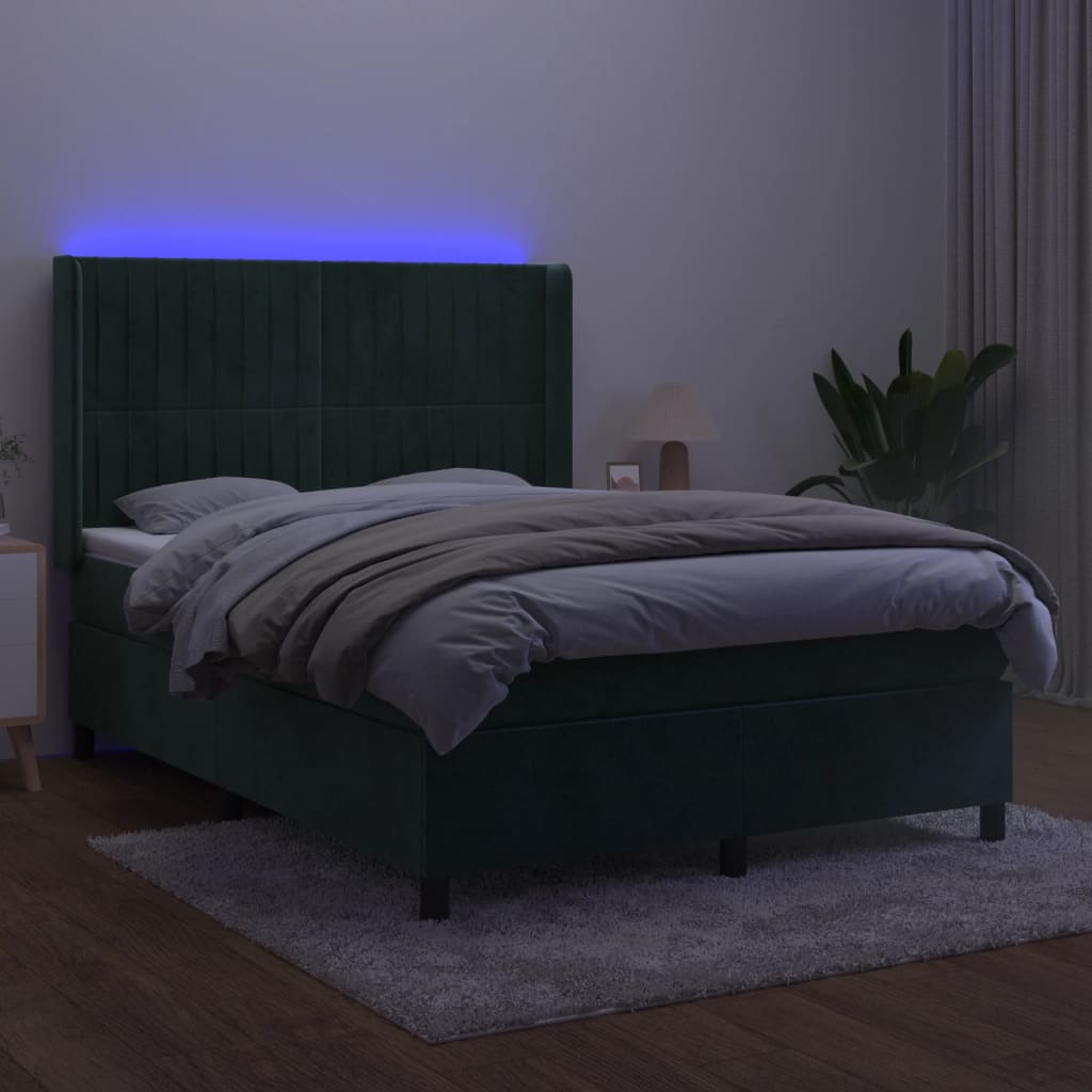 vidaXL Pat cu arcuri, saltea și LED, verde închis, 140x190 cm, catifea vidaXL Pat cu arcuri, saltea și LED, verde închis, 140x190 cm, catifea