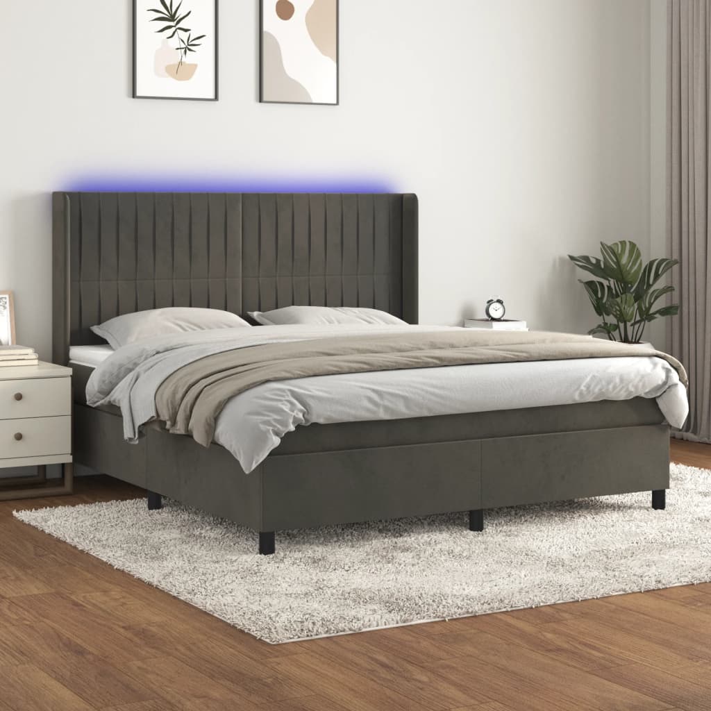 vidaXL Pat cu arcuri, saltea și LED, gri închis, 160x200 cm, catifea vidaXL Pat cu arcuri, saltea și LED, gri închis, 160x200 cm, catifea