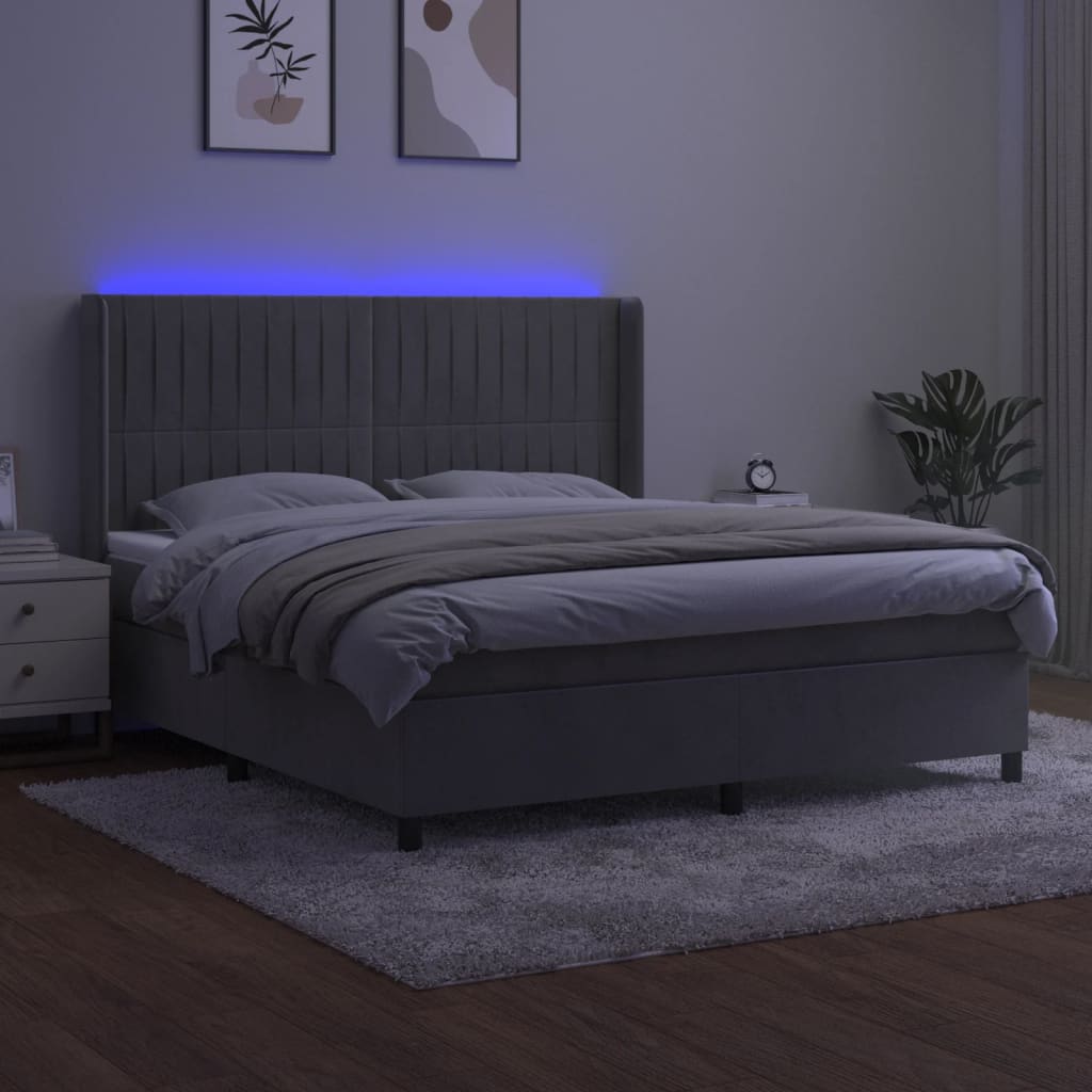 vidaXL Pat cu arcuri, saltea și LED, gri deschis, 180x200 cm, catifea