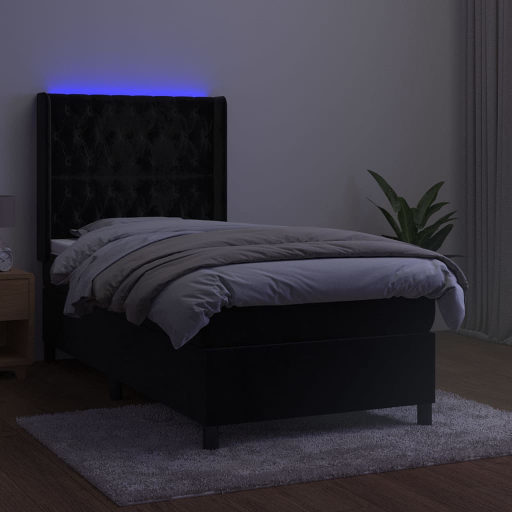 vidaXL Pat cu arcuri, saltea și LED, negru, 90x190 cm, catifea