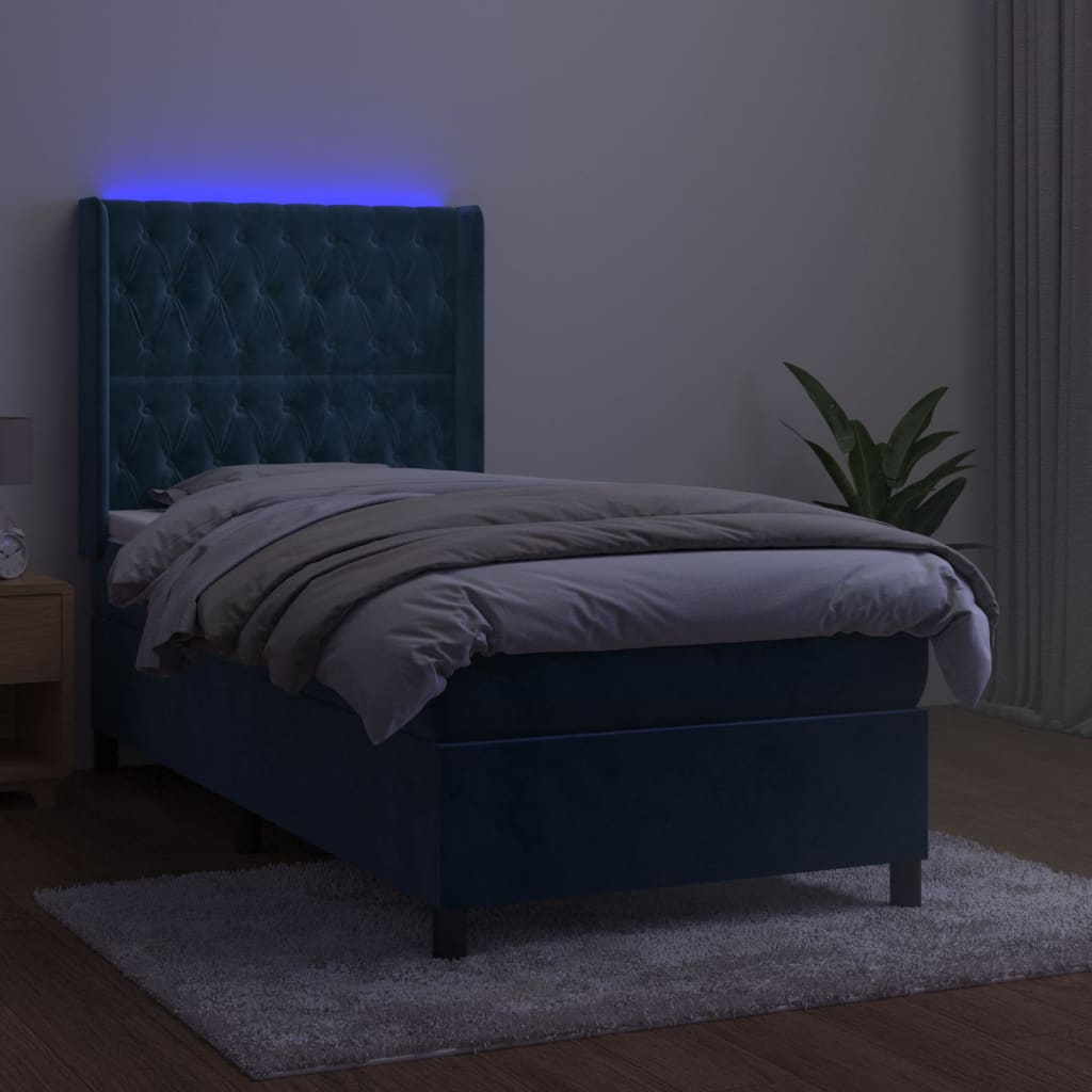 vidaXL Pat cu arcuri, saltea și LED, bleumarin, 90x190 cm, catifea