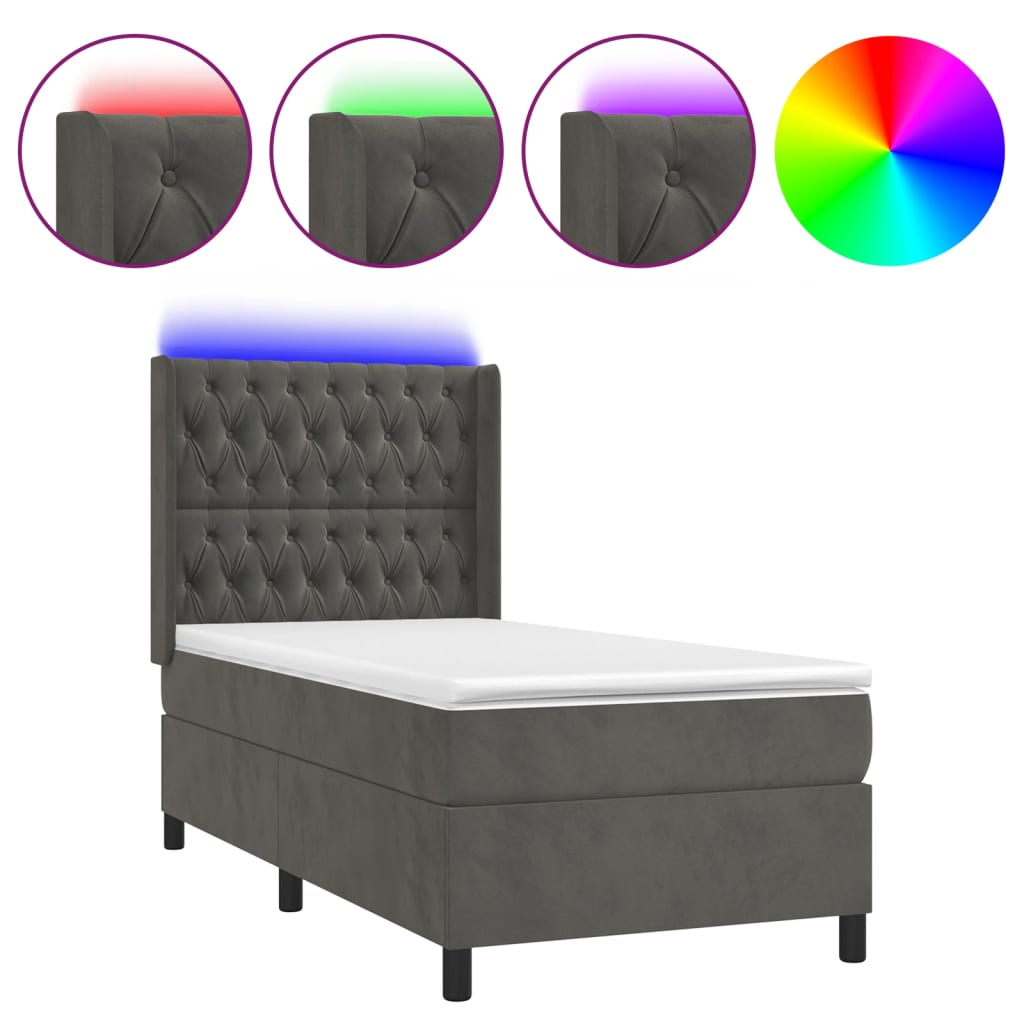 vidaXL Pat cu arcuri, saltea și LED, gri închis, 90x200 cm, catifea