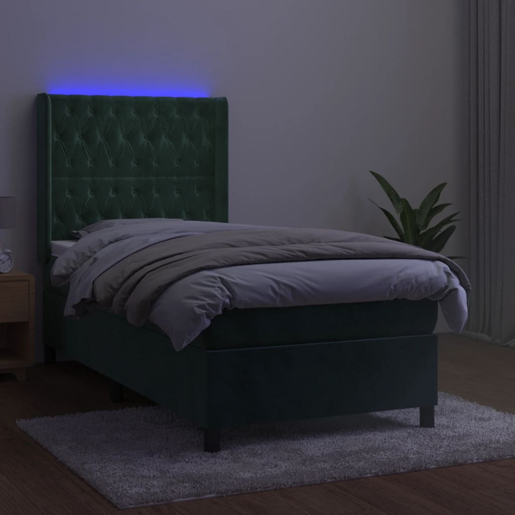 vidaXL Pat cu arcuri, saltea și LED, verde, 90x200 cm, catifea vidaXL Pat cu arcuri, saltea și LED, verde, 90x200 cm, catifea