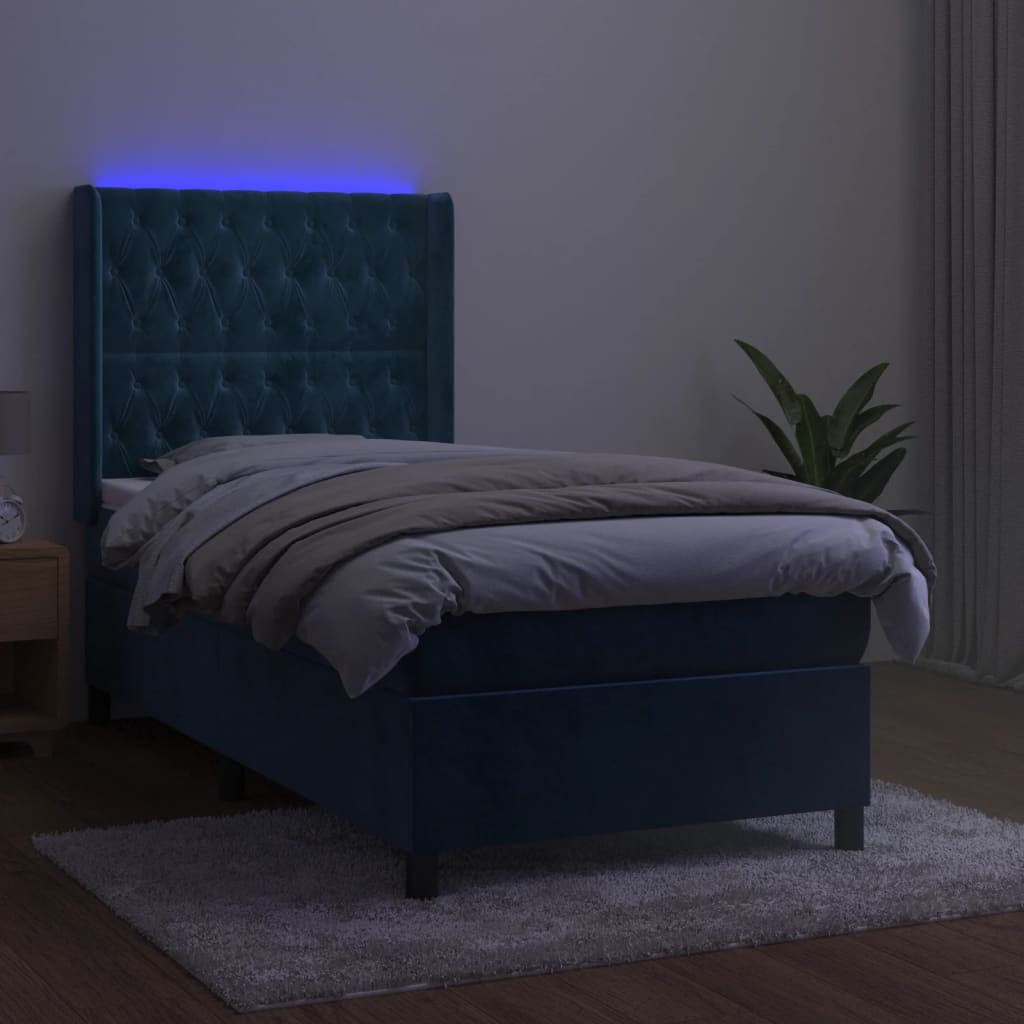 vidaXL Pat cu arcuri, saltea și LED, bleumarin, 90x200 cm, catifea