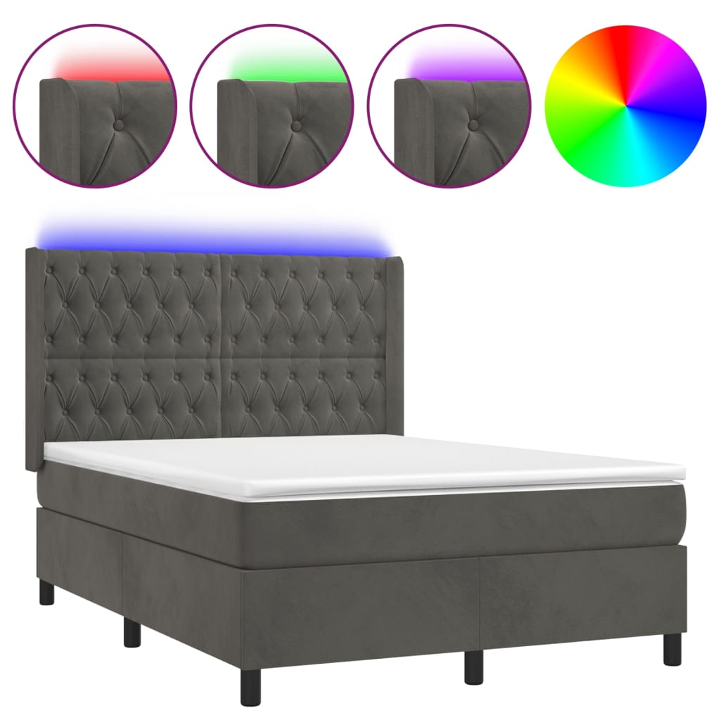 vidaXL Pat cu arcuri, saltea și LED, gri închis, 140x190 cm, catifea