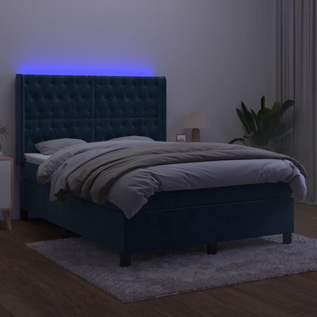 vidaXL Pat cu arcuri, saltea și LED, bleumarin, 140x190 cm, catifea