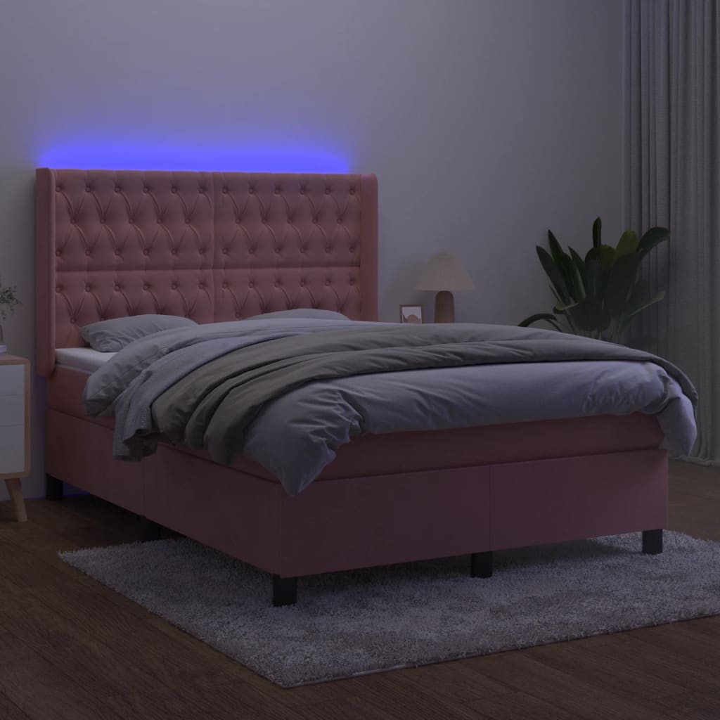 vidaXL Pat cu arcuri, cu saltea și LED, roz, 140x190 cm catifea