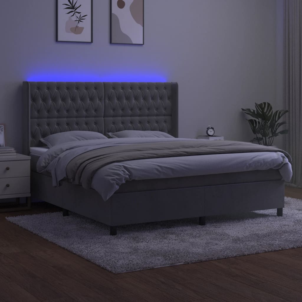vidaXL Pat cu arcuri, saltea și LED, gri deschis, 180x200 cm, catifea