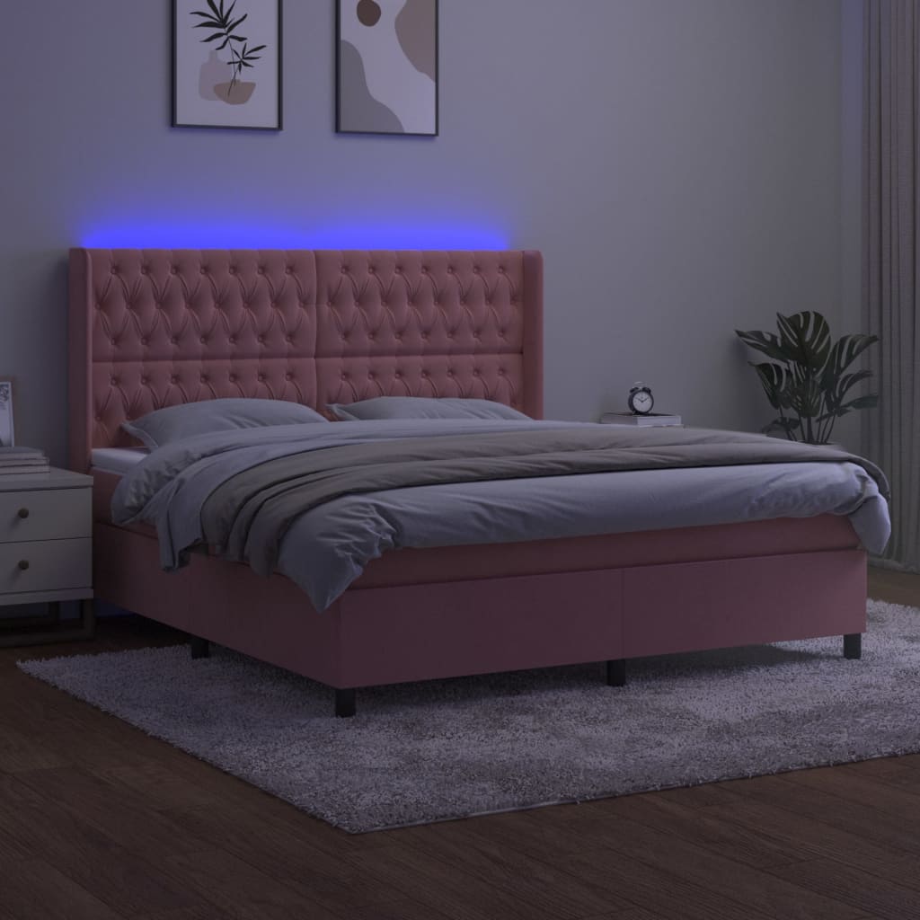 vidaXL Pat cu arcuri, saltea & LED, roz, 180x200 cm, catifea