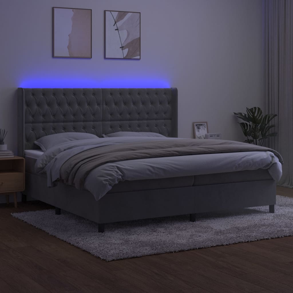 vidaXL Pat cu arcuri, saltea și LED, gri deschis, 200x200 cm, catifea
