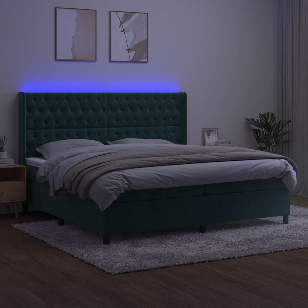 vidaXL Pat cu arcuri, saltea și LED, verde închis, 200x200 cm, catifea vidaXL Pat cu arcuri, saltea și LED, verde închis, 200x200 cm, catifea