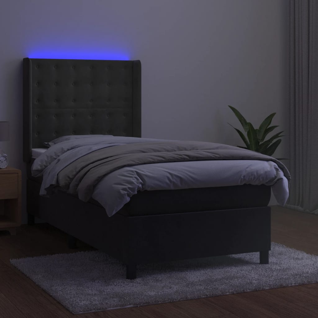 vidaXL Pat cu arcuri, saltea și LED, gri închis, 90x190 cm, catifea