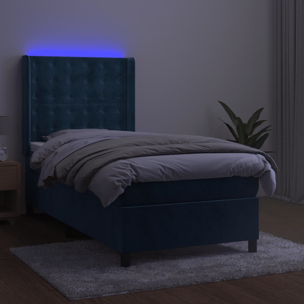 vidaXL Pat cu arcuri, saltea și LED, bleumarin, 90x190 cm, catifea