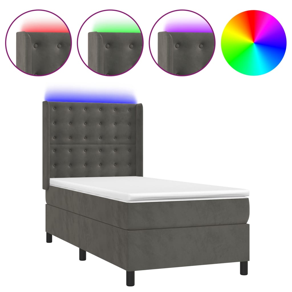 vidaXL Pat cu arcuri, saltea și LED, gri închis, 90x200 cm, catifea vidaXL Pat cu arcuri, saltea și LED, gri închis, 90x200 cm, catifea