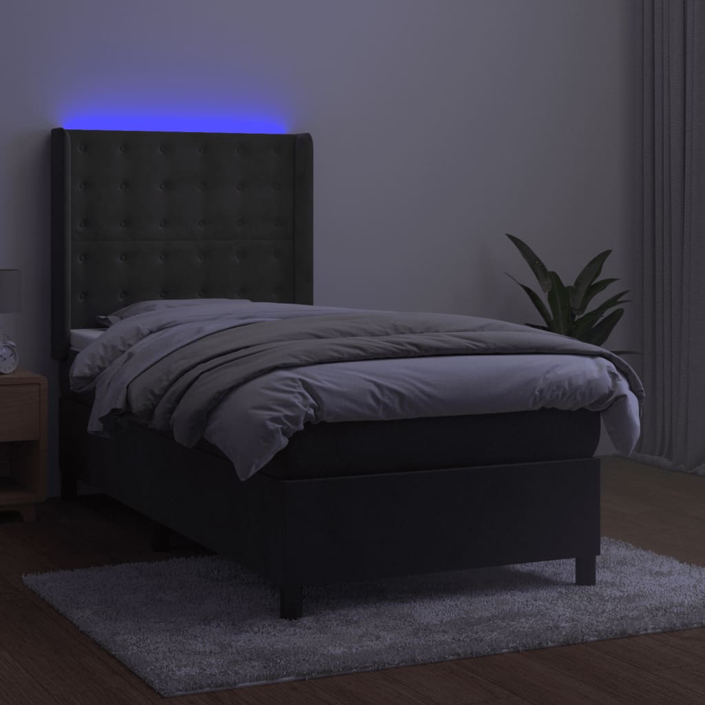 vidaXL Pat cu arcuri, saltea și LED, gri închis, 90x200 cm, catifea vidaXL Pat cu arcuri, saltea și LED, gri închis, 90x200 cm, catifea