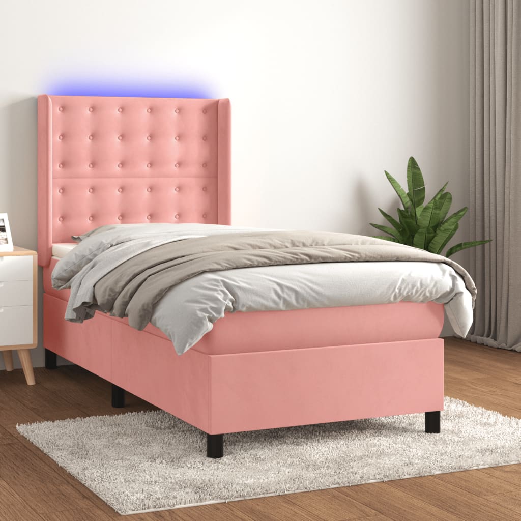 vidaXL Pat cu arcuri, saltea și LED, negru, 90x200 cm, catifea vidaXL Pat cu arcuri, saltea și LED, negru, 90x200 cm, catifea