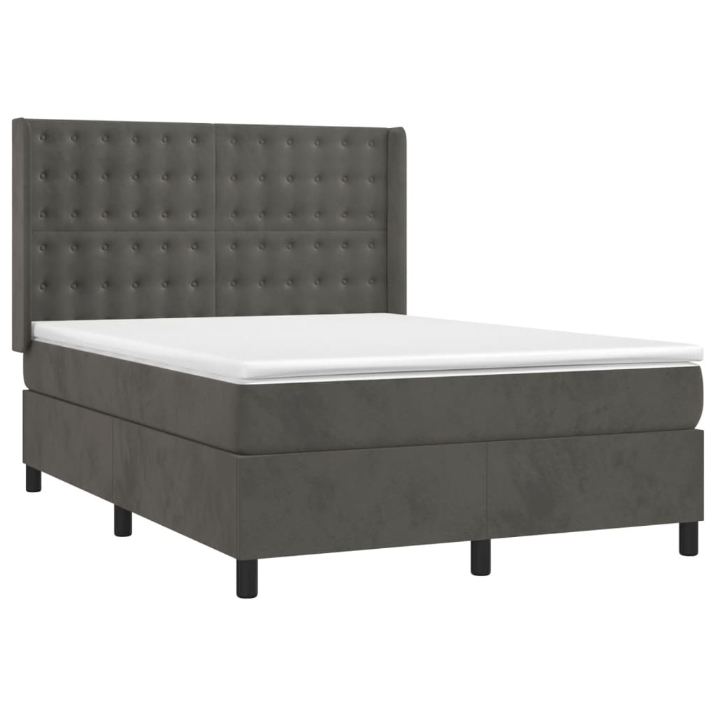 vidaXL Pat cu arcuri, saltea și LED, gri închis, 140x190 cm, catifea