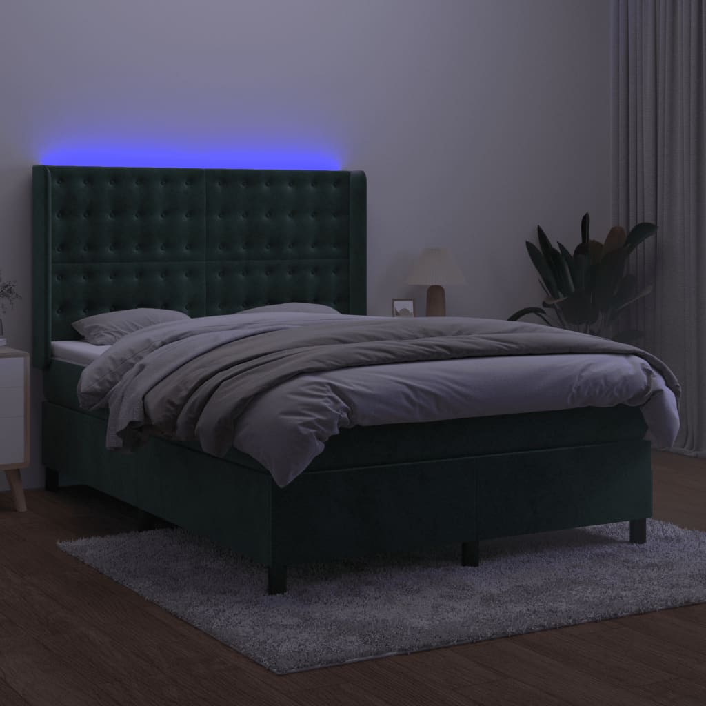 vidaXL Pat cu arcuri, saltea și LED, verde închis, 140x190 cm, catifea vidaXL Pat cu arcuri, saltea și LED, verde închis, 140x190 cm, catifea