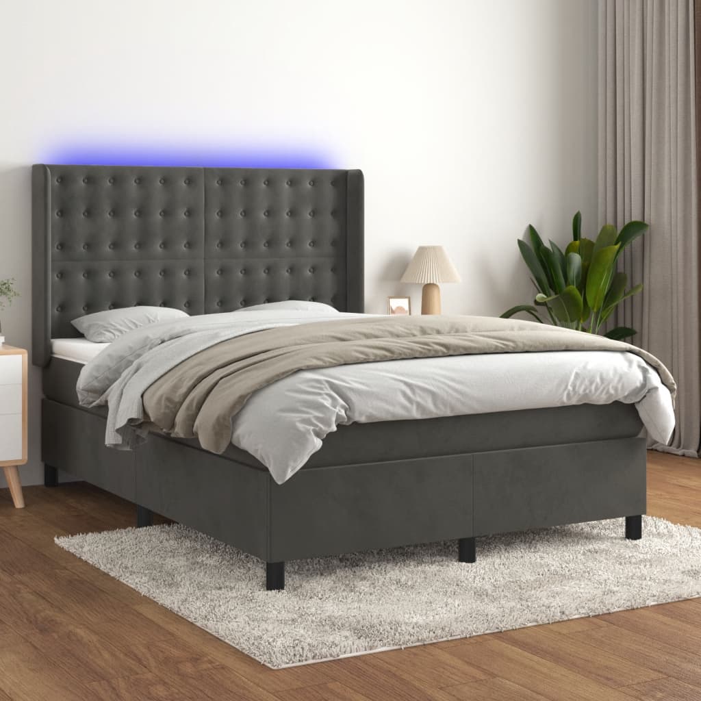 vidaXL Pat cu arcuri, saltea și LED, gri închis, 140x200 cm, catifea vidaXL Pat cu arcuri, saltea și LED, gri închis, 140x200 cm, catifea