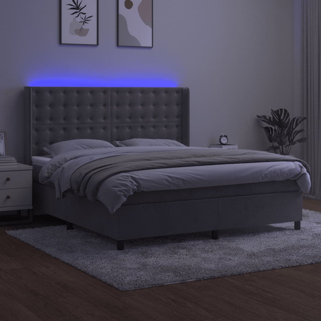 vidaXL Pat cu arcuri, saltea și LED, gri deschis, 160x200 cm, catifea