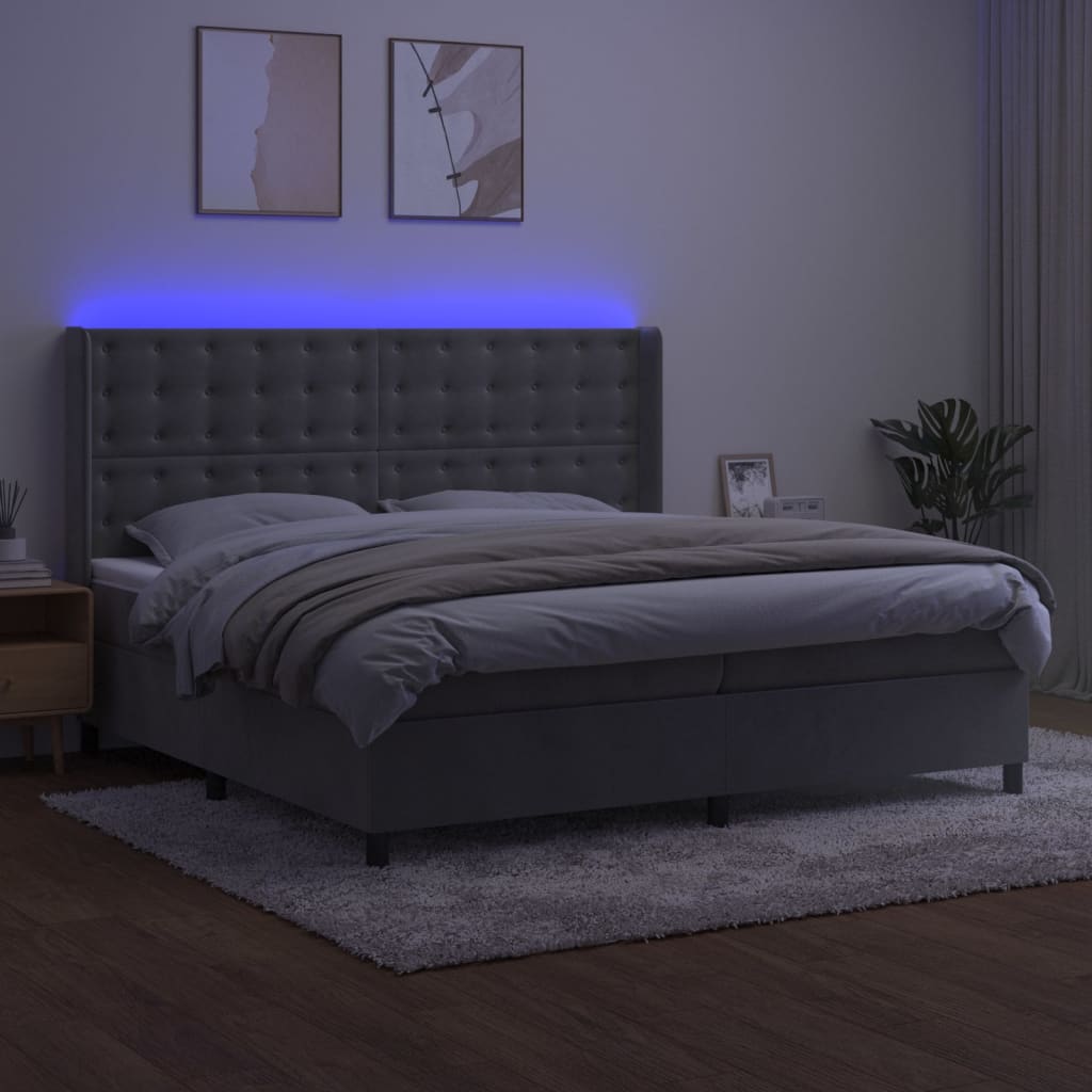 vidaXL Pat cu arcuri, saltea și LED, gri deschis, 200x200 cm, catifea