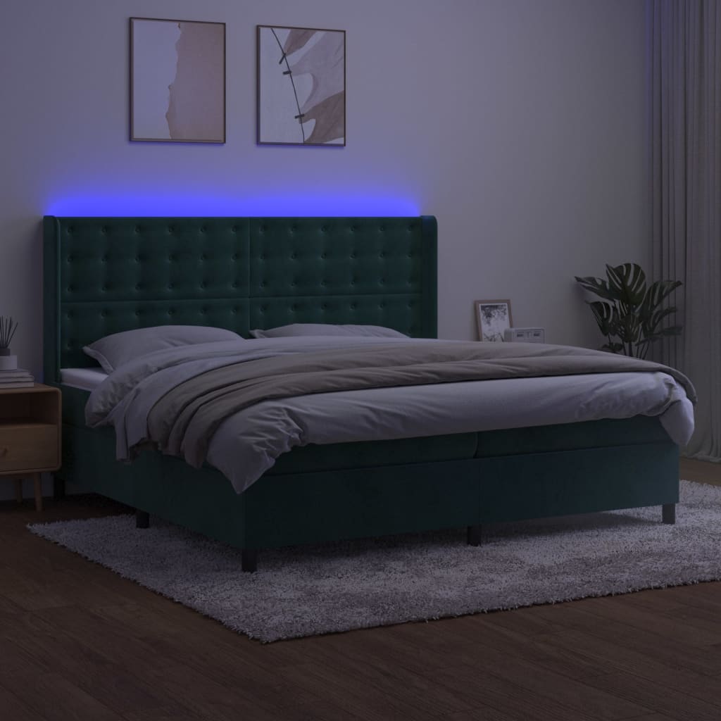 vidaXL Pat cu arcuri, saltea și LED, verde închis, 200x200 cm, catifea vidaXL Pat cu arcuri, saltea și LED, verde închis, 200x200 cm, catifea