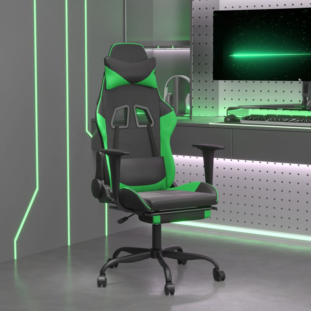vidaXL Scaun de gaming cu suport picioare negru/verde, piele ecologică