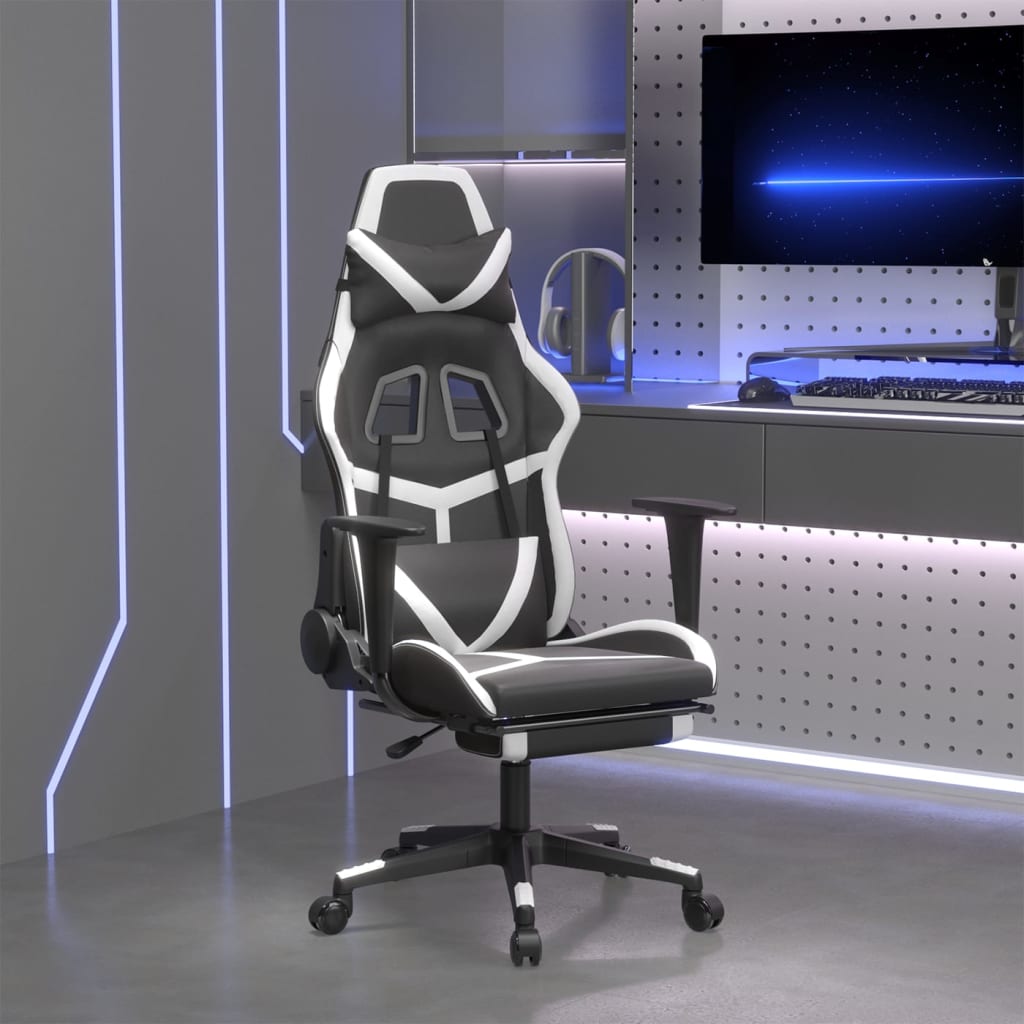 vidaXL Scaun de gaming cu suport picioare, negru/alb, piele ecologică