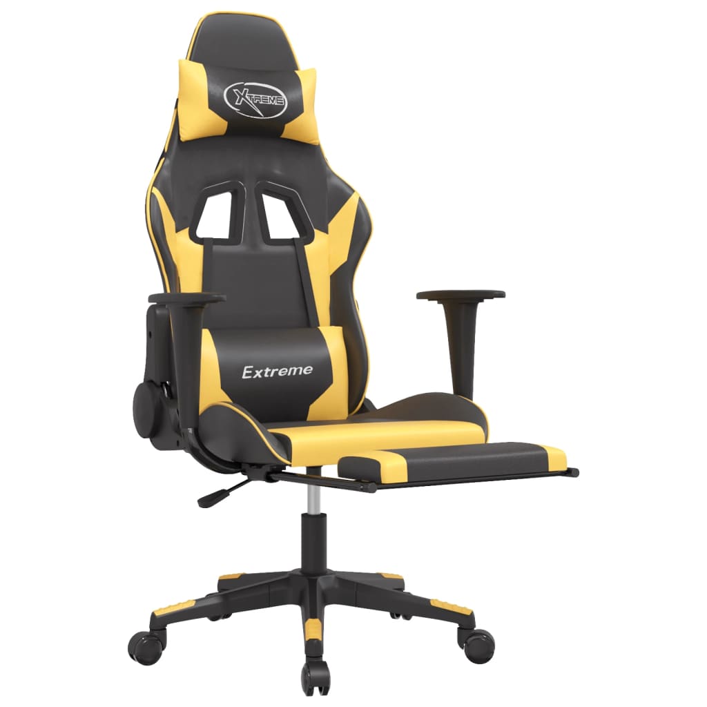 vidaXL Scaun de gaming cu suport picioare negru/auriu, piele ecologică vidaXL Scaun de gaming cu suport picioare negru/auriu, piele ecologică
